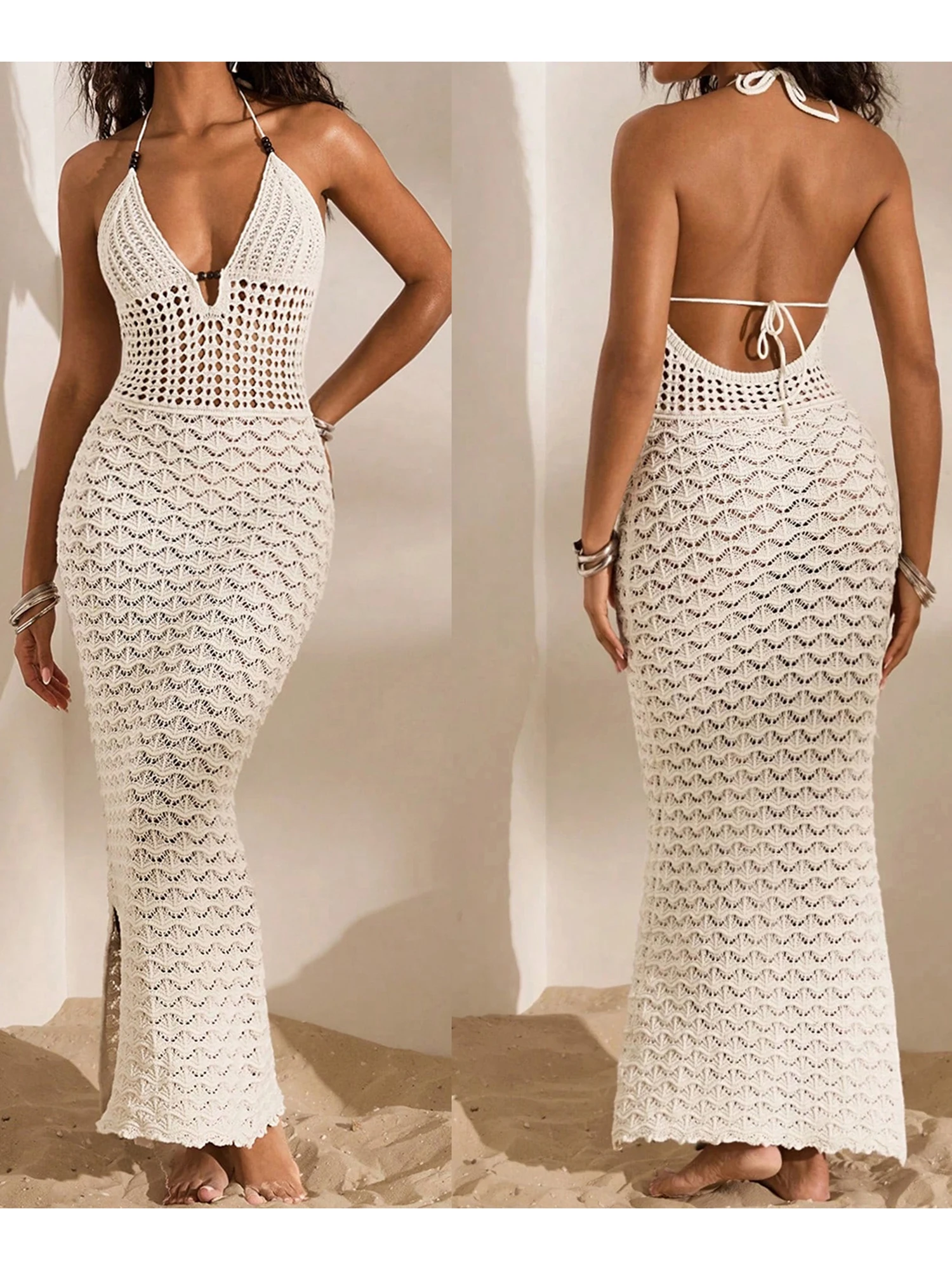 여성용 드레스 홀터넥 민소매 크로셰 속이 비치는 바디콘 롱 드레스 해변 휴가 파티용
