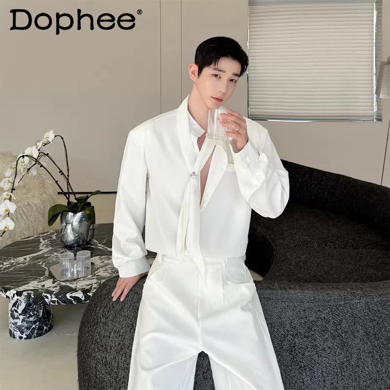 

2026 Men's Spring New Shoulder Padded Design Shirts Personality Detachable Collar Metal Decoration Shirts Solid Color Chic Tops