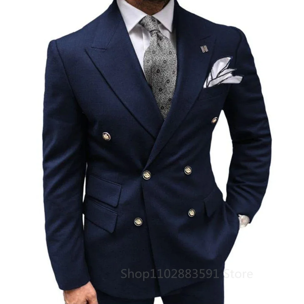 High End Double Breasted Luxury Suits for Men Navy Blue Office Work Blazer Homme Outfits Skinny 2 Piece Jacket Pants Full Set