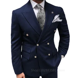 High End Double Breasted Luxury Suits for Men Navy Blue Office Work Blazer Homme Outfits Skinny 2 Piece Jacket Pants Full Set