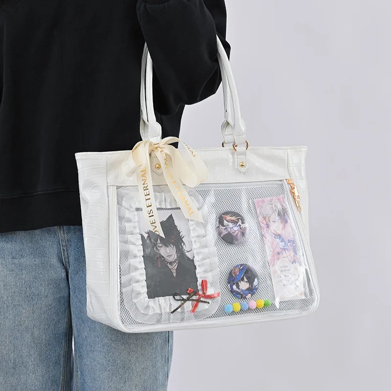 Sweet Uniform Bow Ita Bag Large Capacity Transparent Clear Tote Bags Teenage Girls Lolita Shoulder Bags Harajuku JK Handbag