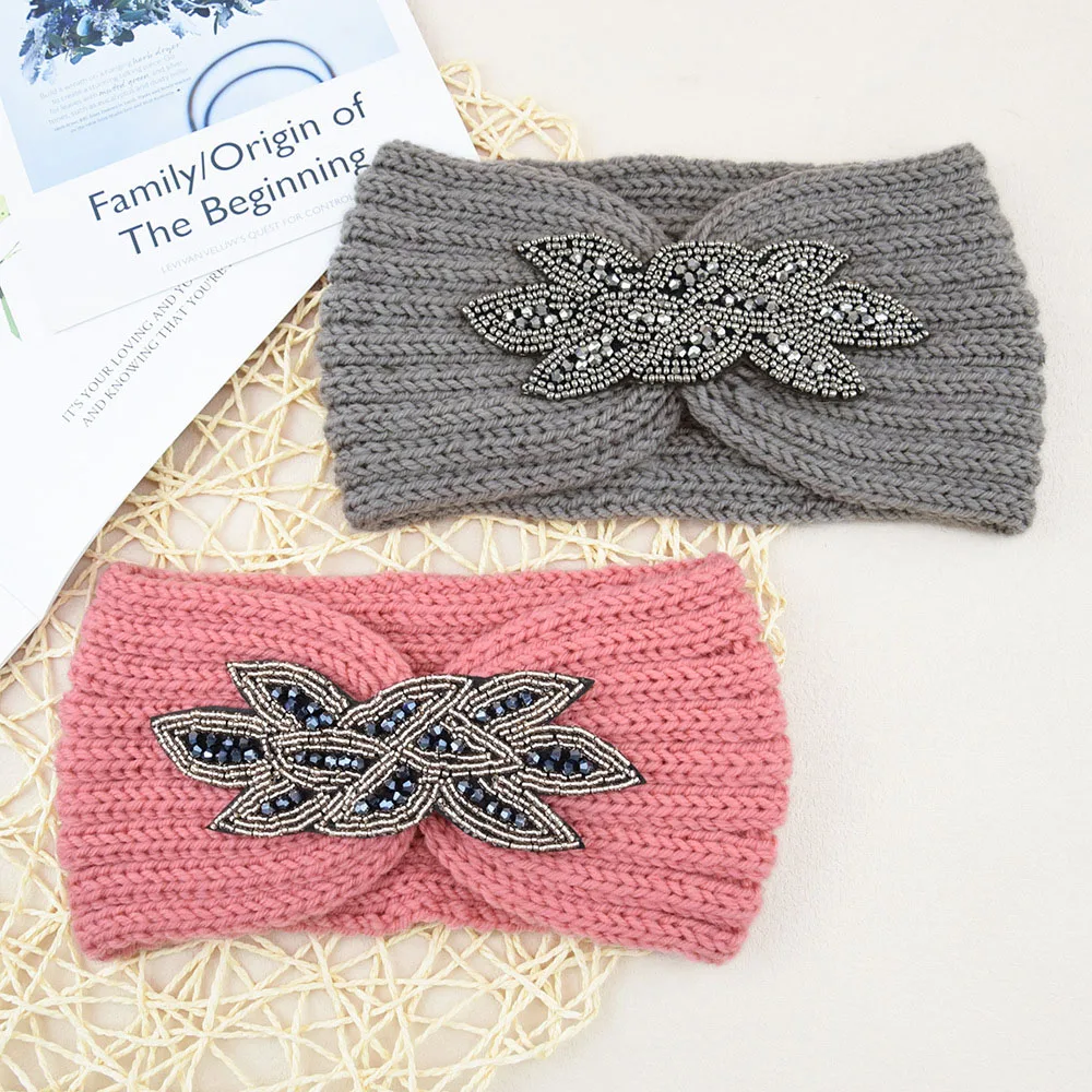 Crystal Knit Headband Women Knitted Wool Hairband Winter Warmer Ear Rhinestone Crochet Wide Hair Bands  Elastic Turban Head Wrap