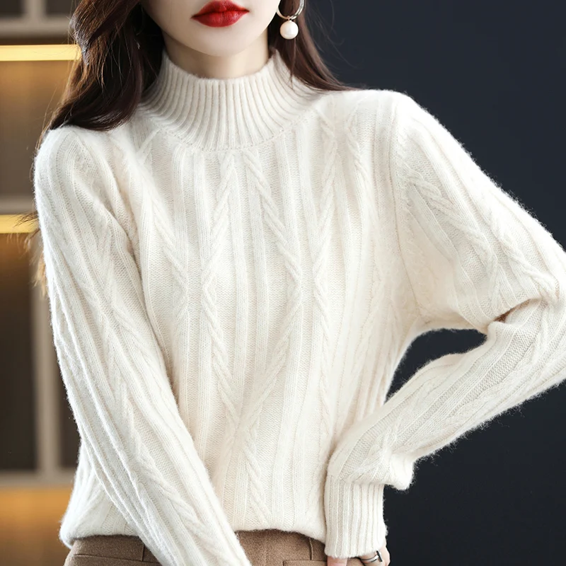 100% Wool Cashmere Sweater Women's Autumn Winter New Thickened Half Turtleneck Pullover Casual Fashion Knitted Jacket Top Female