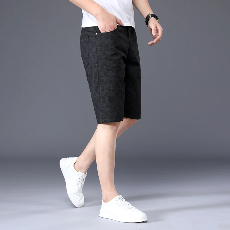 OUSSYU Brand Summer Thin Plaid Shorts Men Knee Length Pants Straight Beach Short 98%Cotton Blue Plaid Patchwork Pant Male