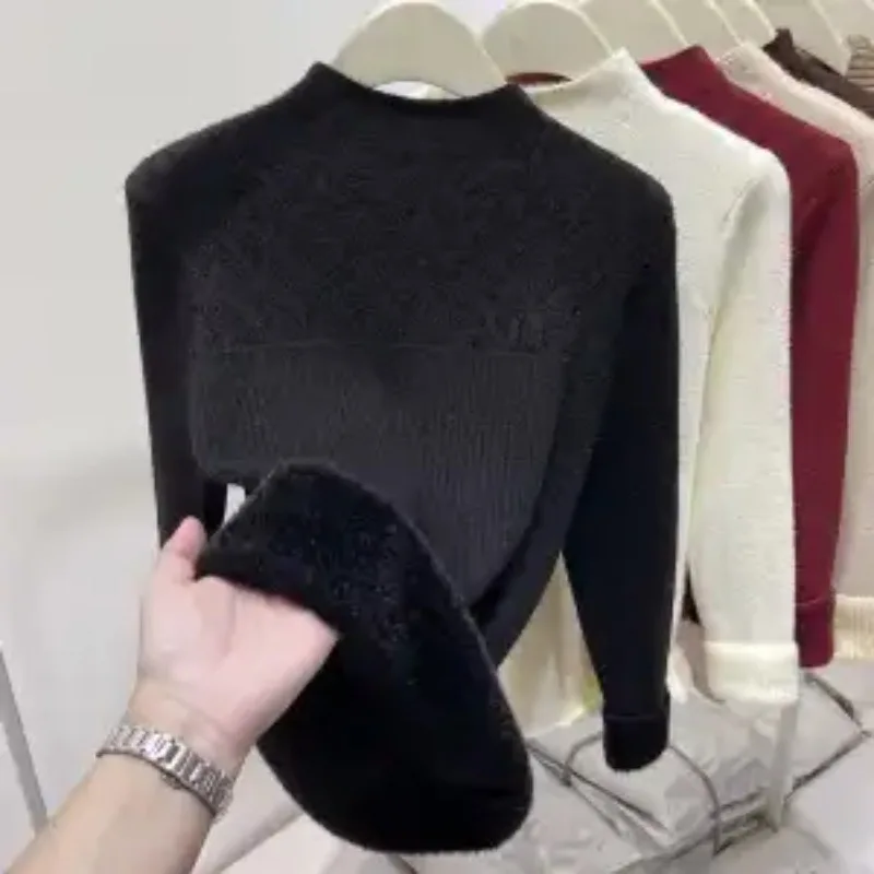 

Цельный бархатный свитер с полуводолазкой для женщин, рубашка с утолщенным низом, осенне-зимний новый вязаный свитер, теплый топ