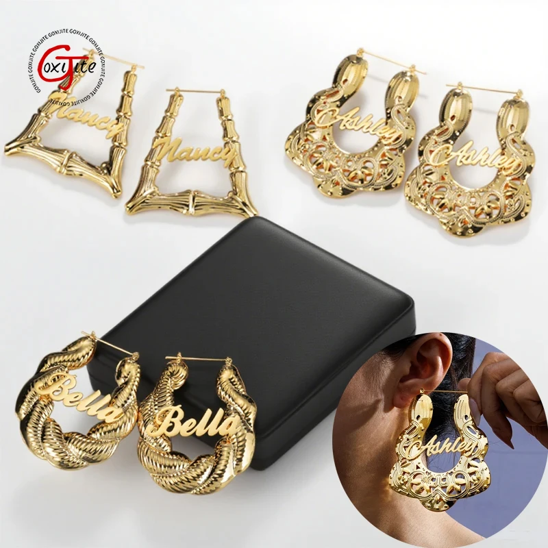 

Goxijite Customized Name Earrings Heart Bamboo Large Hoop Stainless Steel Personalized Twist Shape Earrings Party Jewelry Gift