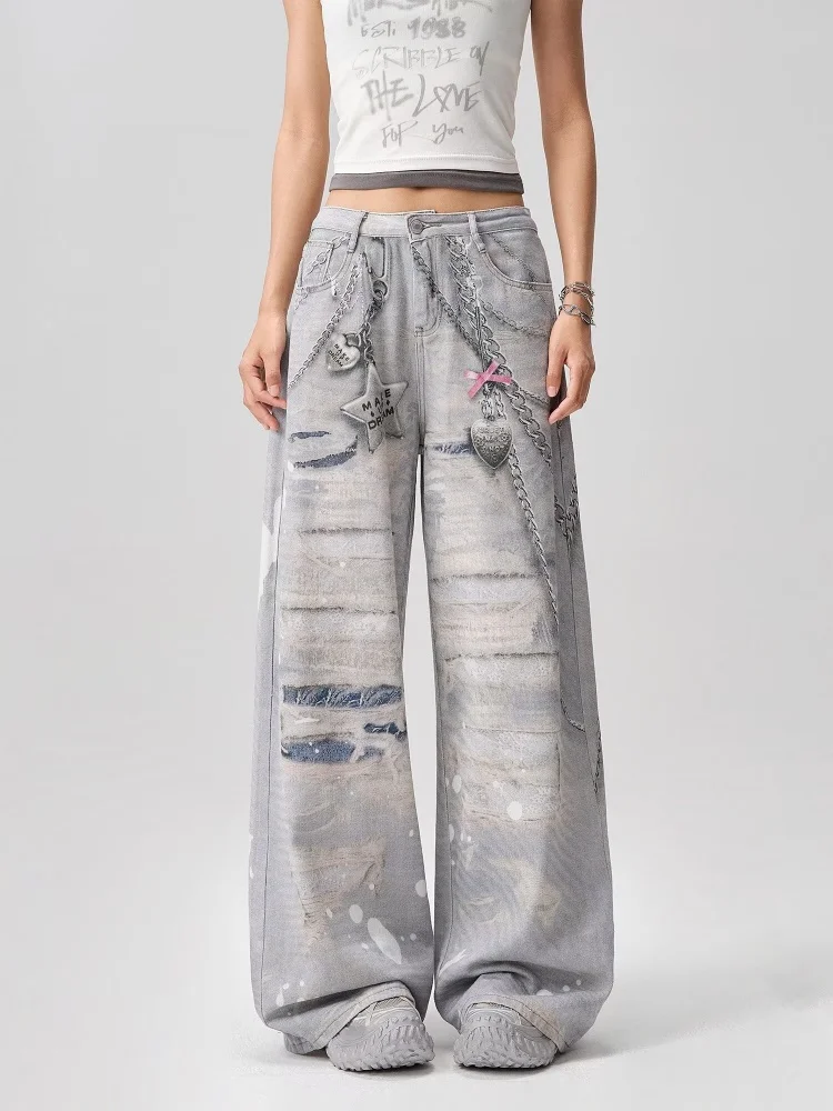 

Cyber Y2K Уличная одежда 2025 года с 3D принтом цепочки, винтажные серые мешковатые джинсы, брюки для женщин, одежда, широкие женские брюки, Ropa Mujer