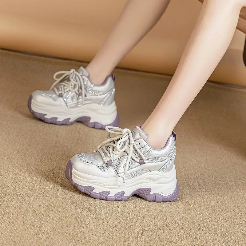 

8CM Women Shoes Exquisite Lace Chunky Sneakers for Woman Comfortable Ventilate Casual Shoes Fashion Designer Shoes Zapatos Mujer