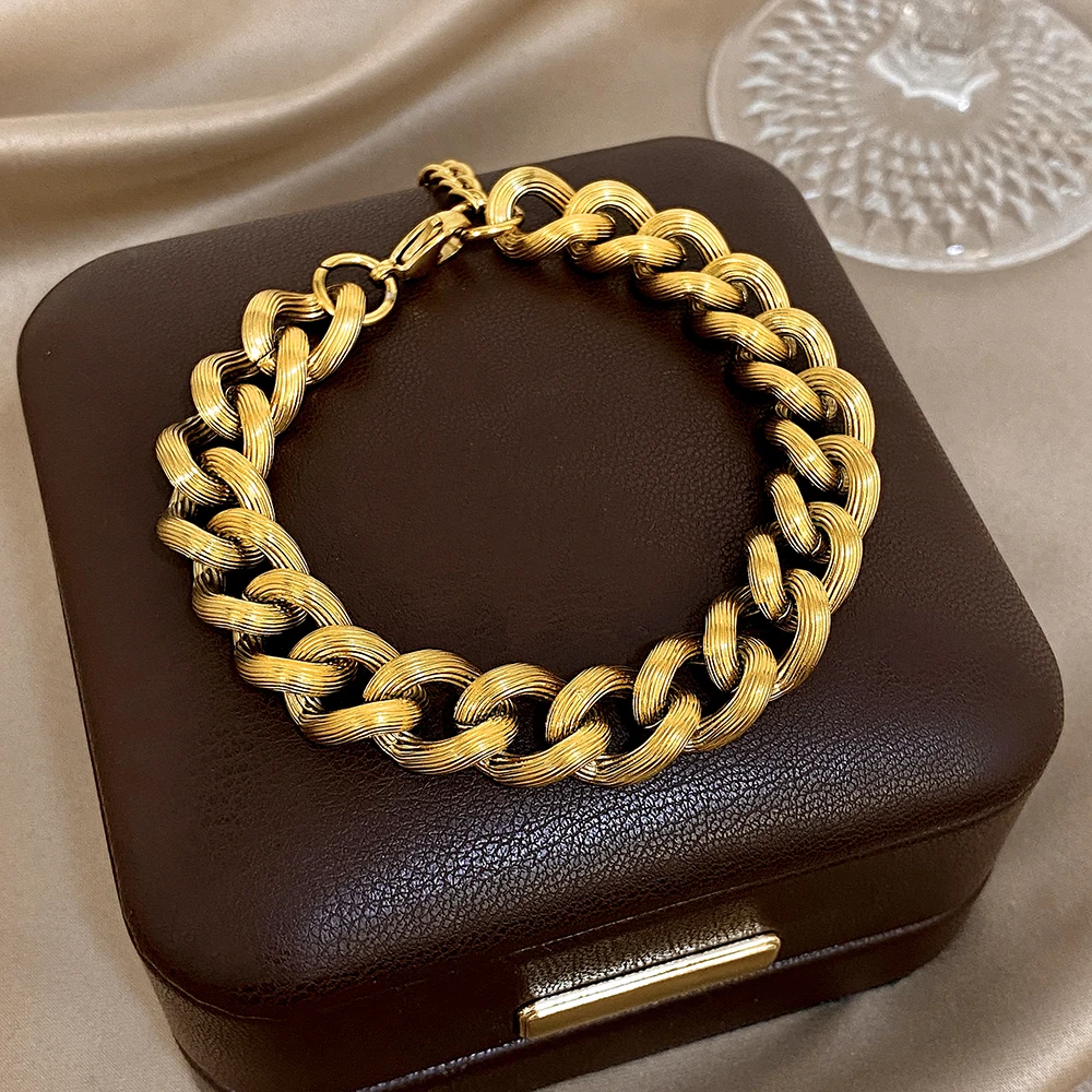 

Refined Stainless Steel Bracelet Women Gold Color Braided Big Chain Adjustable Waterproof Casual Daily Wear Accessory Gift