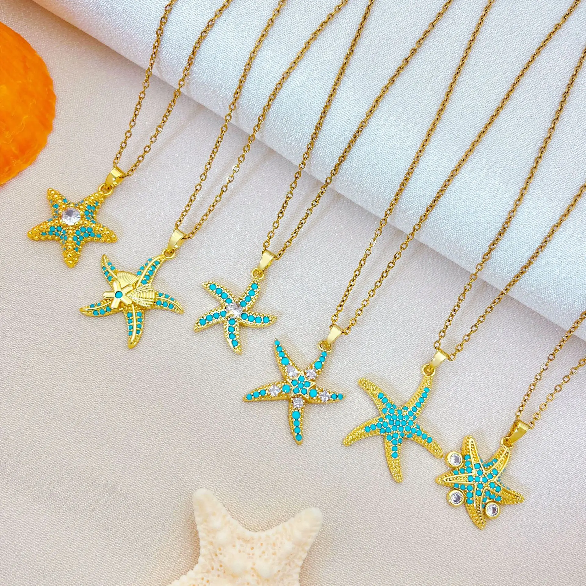 Hot Sale Ocean Style Starfish Scallop Copper 18K Gold Plated Necklace Minimalist Design Women Fashion Jewelry Accessories