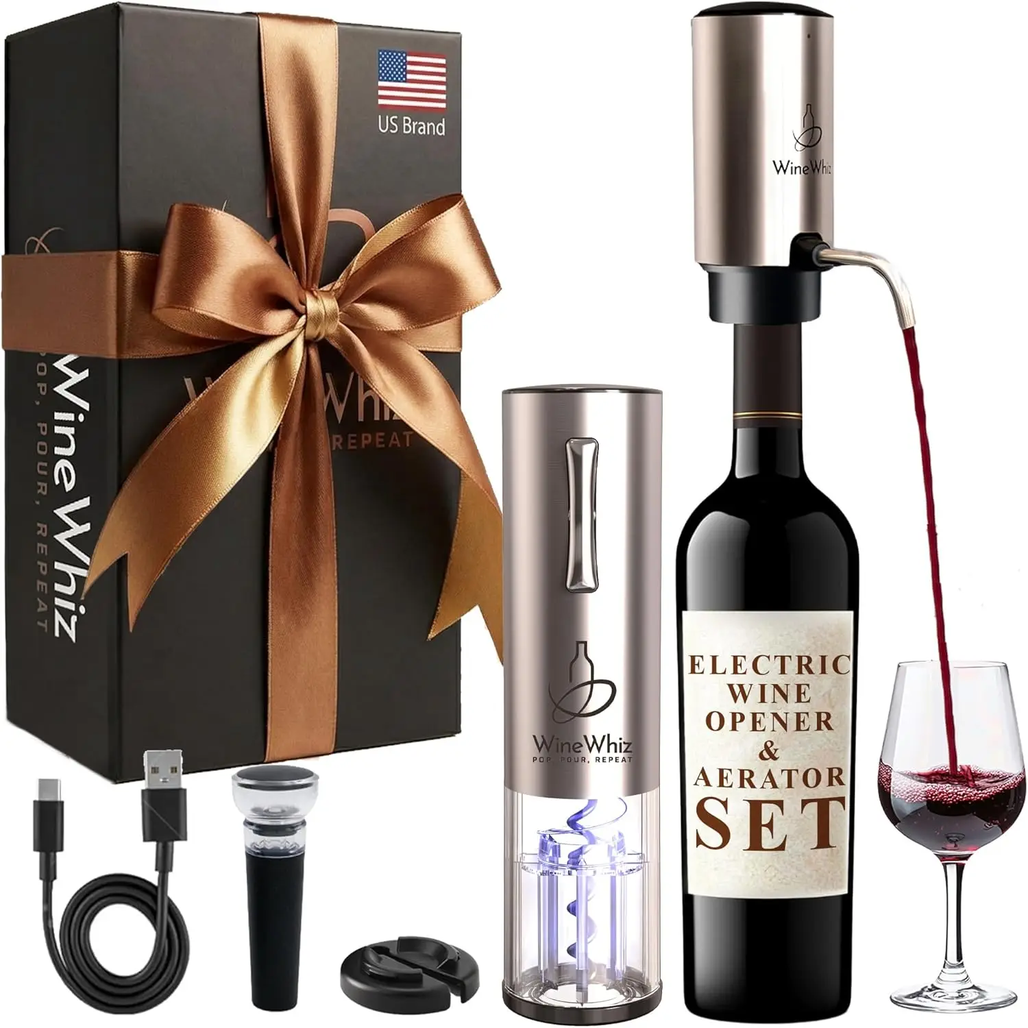 

Electric Wine Aerator & Opener Set with Accessories, Rechargeable Automatic Corkscrew, Aerator, Dispenser, Foil Cutter