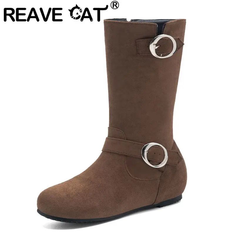 

Замшевые сапоги до середины икры REAVE CAT из флока, круглый носок, увеличенный каблук, украшение 4 см, 42, 43, повседневная обувь для отдыха