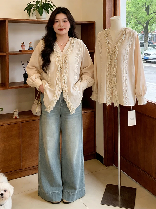 

Свободная повседневная женская блузка с длинным рукавом и кружевом, весна 2026, новый стиль, корейская версия, универсальный топ для многослойных образов, большие размеры