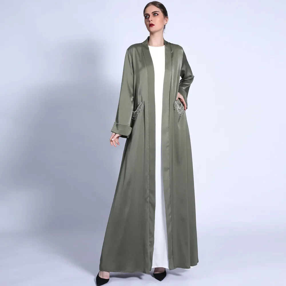 Robe à lacets pour femmes, couleur unie, poignets larges, pompon, poche en diamant, vêtements islamiques, dubaï, Robe saoudienne, Cardigan en Satin, Abaya musulmane