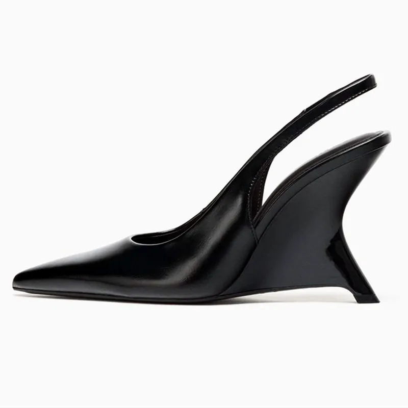 

Elegant Wedge Women Pumps Luxury Patent Leather Heels for Ladies Sexy Pointed Toe Slingback Heels Designer Party Dress Shoes
