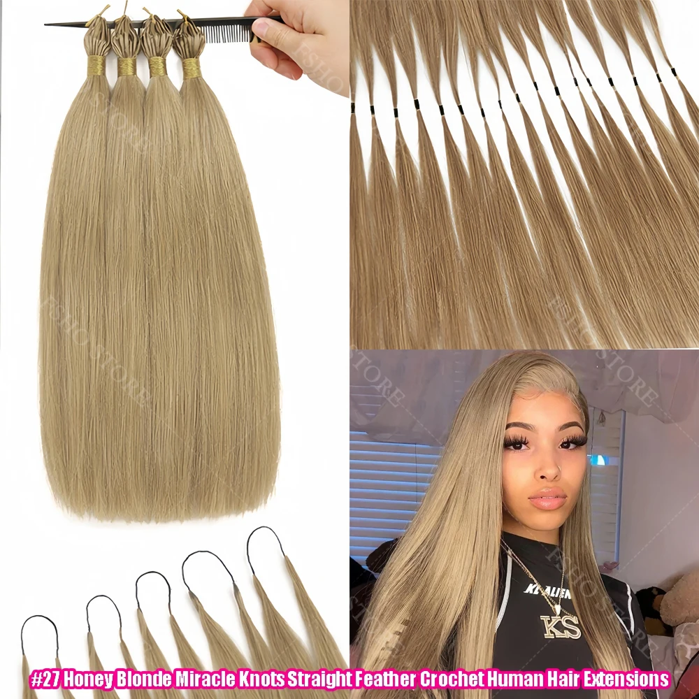 

Omber 4/27 Long Silky Straight Crochet Human Hair Honey Blonde Miracle Knots Feather Crochet Human Hair For Boho Twist Braiding