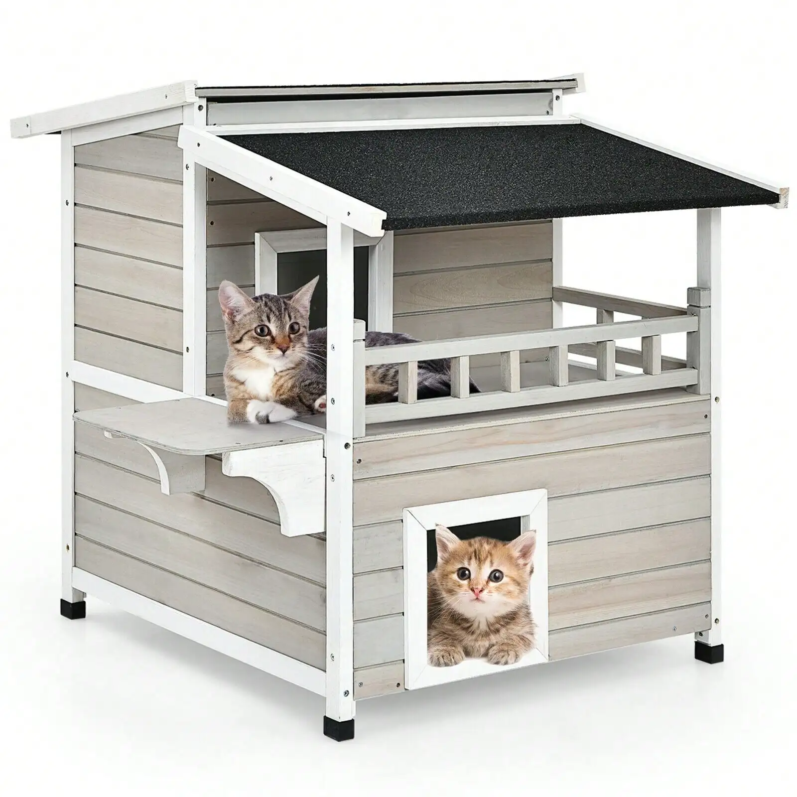 

2-Story Wooden Patio Luxurious Cat Shelter House Condo w/ Large Balcony