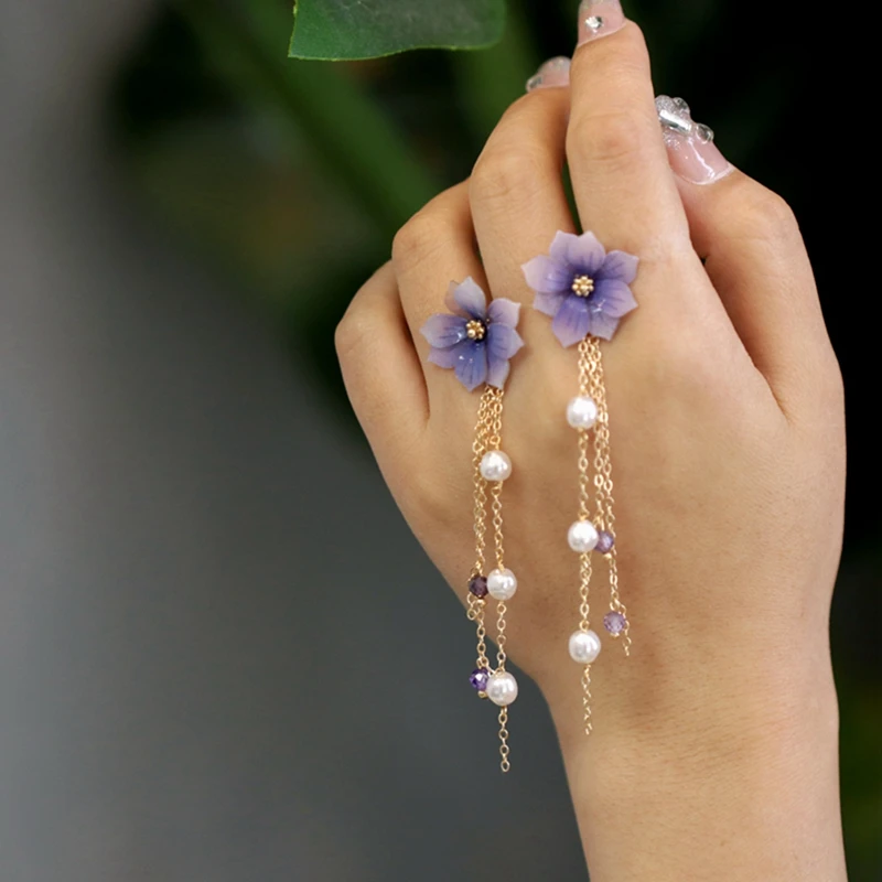 FXLRY Original Handmade Purple Flower Pearl Tassel Fairy Earrings For Women Fashion Jewelry