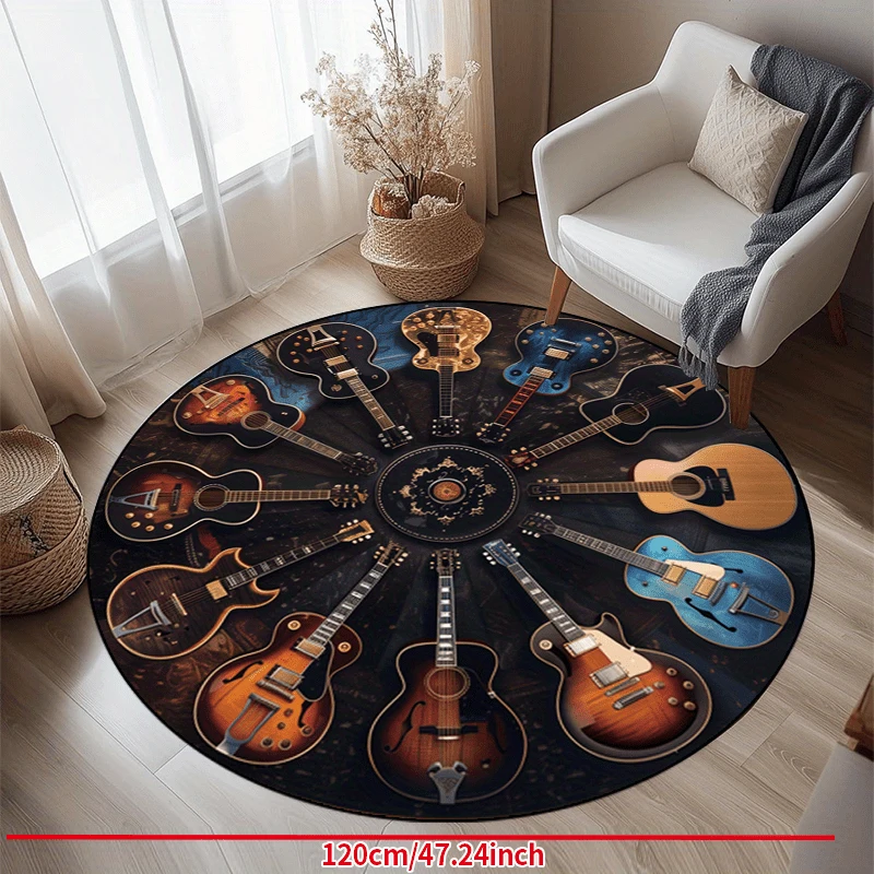VIKAMA Rock Guitar Round Area Rug Non Slip Washable Music Carpet Vintage Guitar Collection Print Mat For Patio Living Room Decor