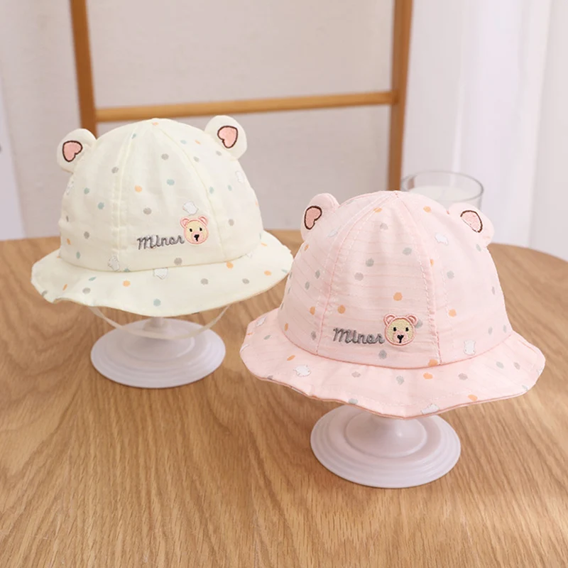 

Korean Cute Cartoon Bear Baby Sun Hats Dot Print Newborn Baby Boy Girl Sunscreen Peaked Hats Infant Toddler Panama Cap