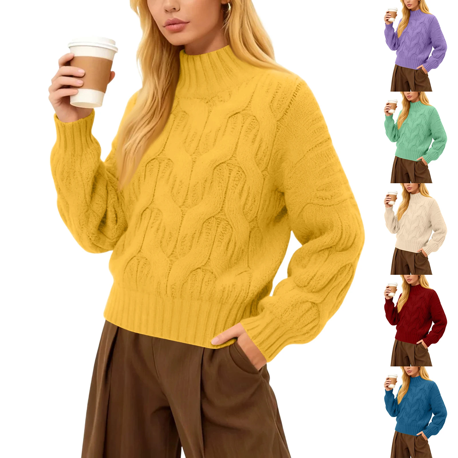 

Women'S Solid Color Sweater Women'S High Neck Long Sleeved Pullover Knitted Sweater Top Vintage Knitted Cardigans Autumn Winter