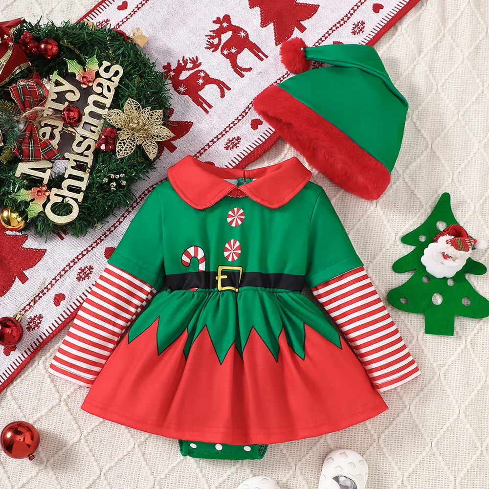 Recém-nascido manga comprida Natal impressão bodysuit com chapéu de Santa, listra bodysuit, conjunto de roupa do bebê, 2pcs