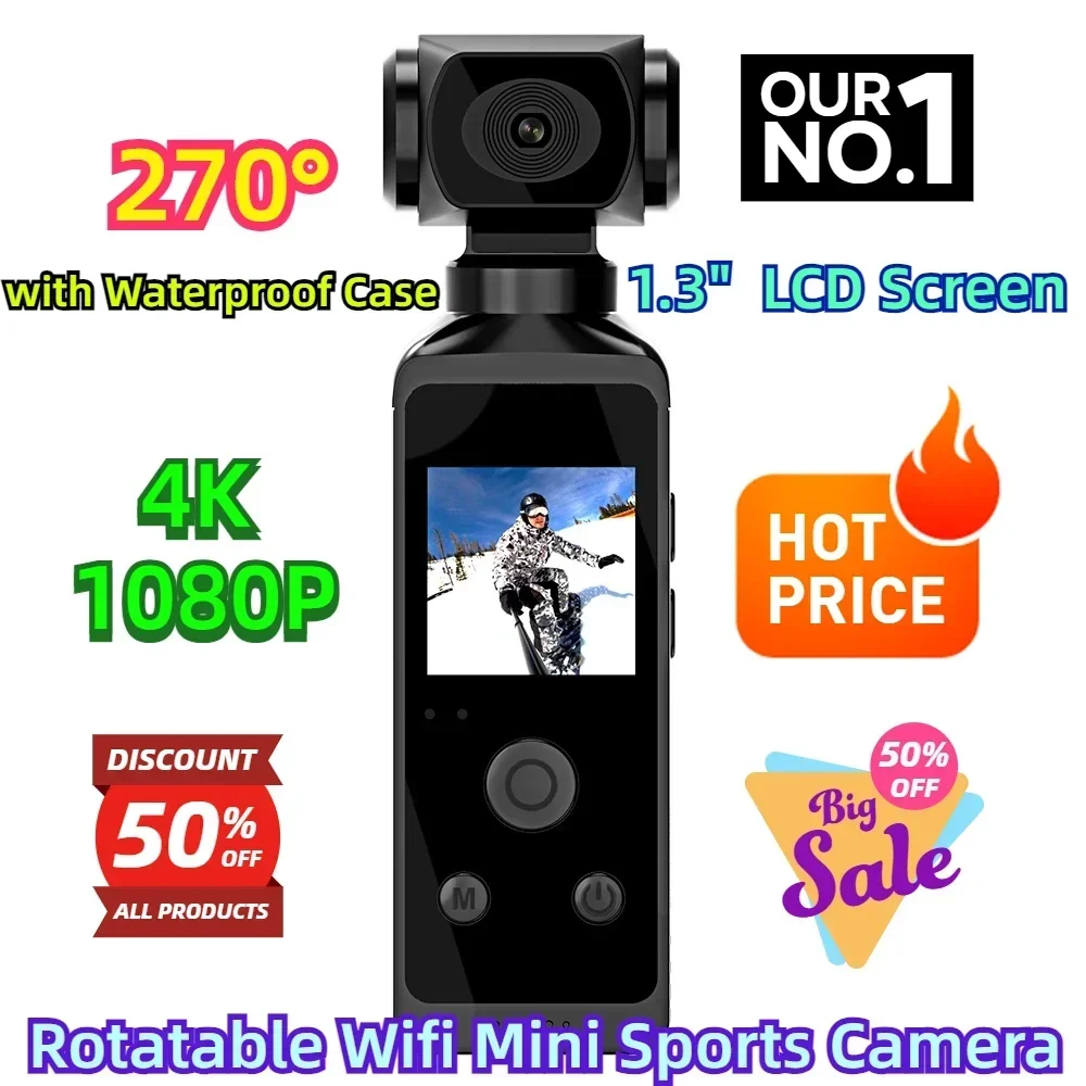 

270° Rotatable Wifi Mini Sports Camera with Waterproof Case Motion Cameras 4K 1080P Pocket Camcorder HD Cam 1.3" LCD Screen