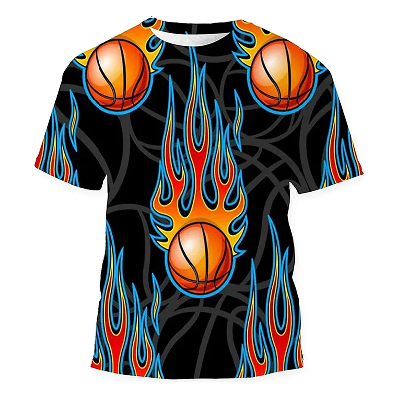 Cool Flame Basketball T-shirt Men's Clothing Sport Street Crewneck T Shirts 3D Printed Basket Ball Pattern Fashion Sport Tee Top