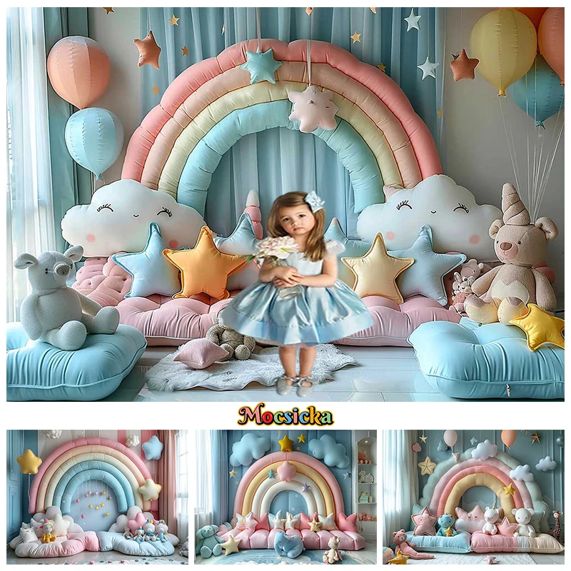 Rainbow Wall Photography Backdrop Bluey Clouds Stars Balloons Background Baby Indoor Birthday Decorations Photo Studio Backdrops