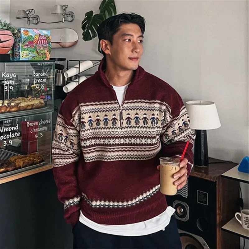 ウィンターフェアアイルハーフジップポロネックセーター メンズ Y2K ヴィンテージ クリスマス ニットプルオーバー 2025年新作 レッドニットウェア メンズジャージー