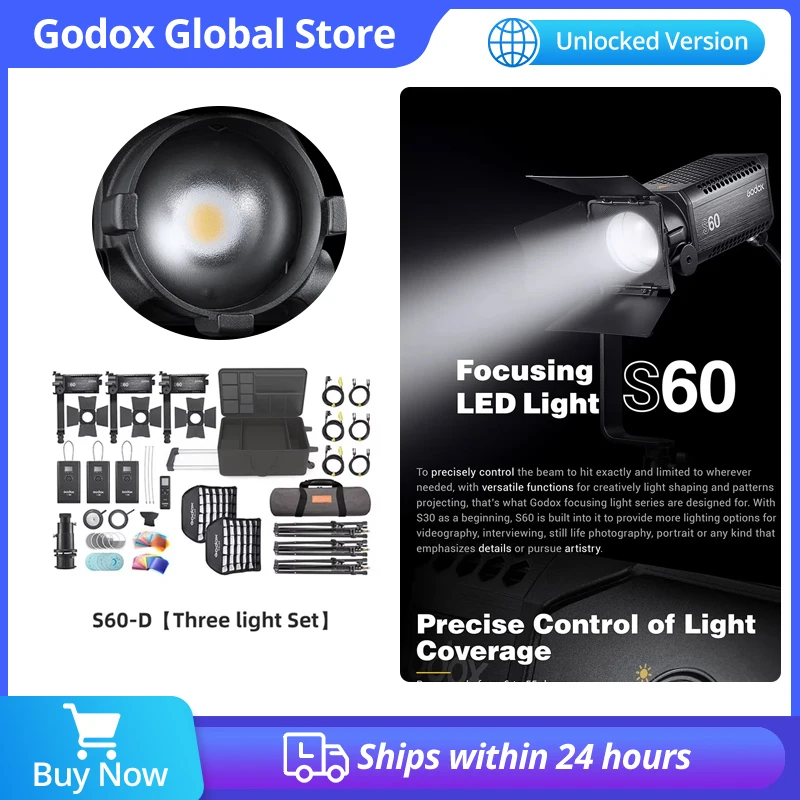 

Godox Focusing LED Photography Continuous adjustable Light Spotlight S60 S60-D 60W With Barn Door for Professional Photography