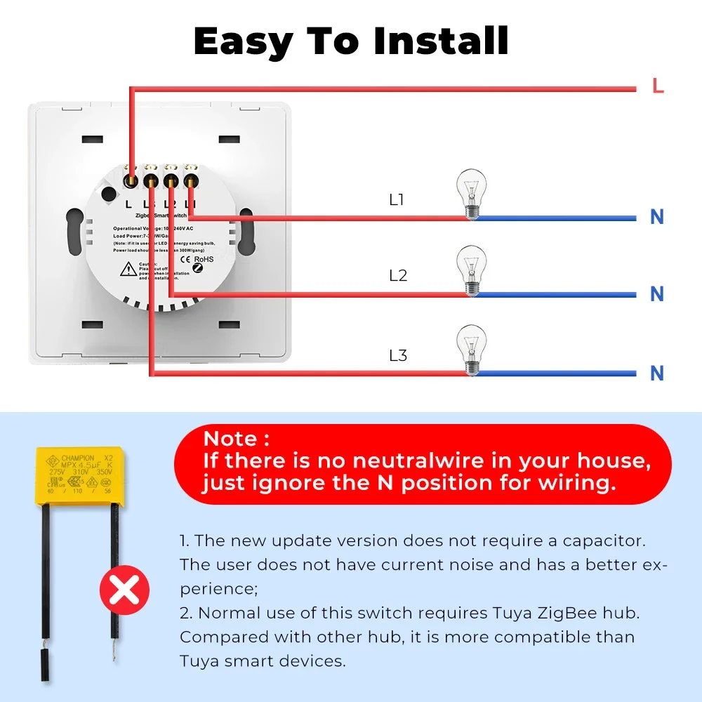 Tuya Zigbee Smart Switch EU Push Button Wall Light Switch No Neutral Wire No Need Capacitor Smart Life Support Alexa Google Home