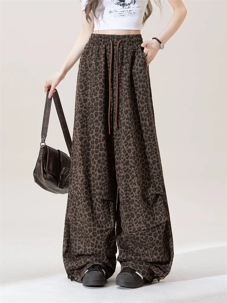 Leopard Print Cargo Pants Women 2025 Summer American Vintage Wide Leg Trousers Loose Unique Design Slim Fit Casual