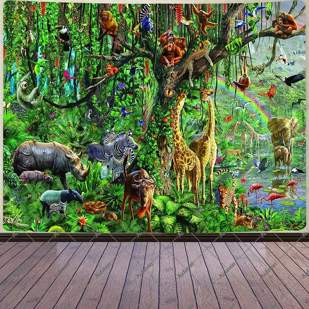 African Safari Scenic Landscape Tapestry Giraffe Elephant Leopard Background Tapestry Forest Grassland for Bedroom Decorations