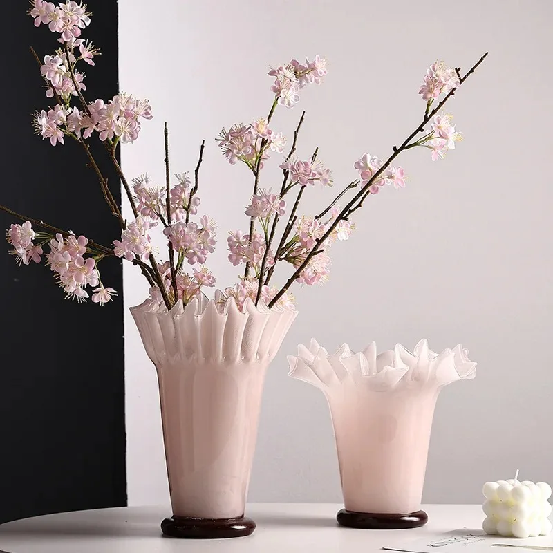 Креативная плиссированная глазурованная ваза с большим ртом и краем в виде листьев лотоса, мягкая домашняя ваза