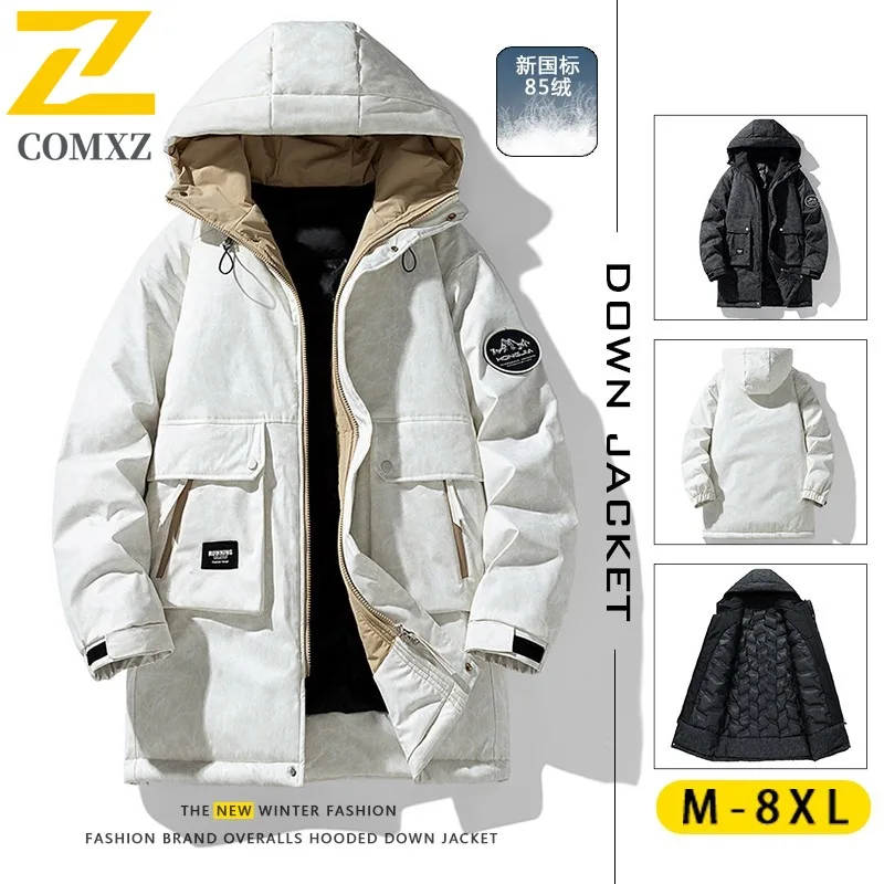 COMXZ الشتاء الرجال منتصف طول كبير الحجم أسفل سترة جديدة المعايير الوطنية 85% الأبيض بطة أسفل مقنعين تسلق بدلة رياضية في الهواء الطلق