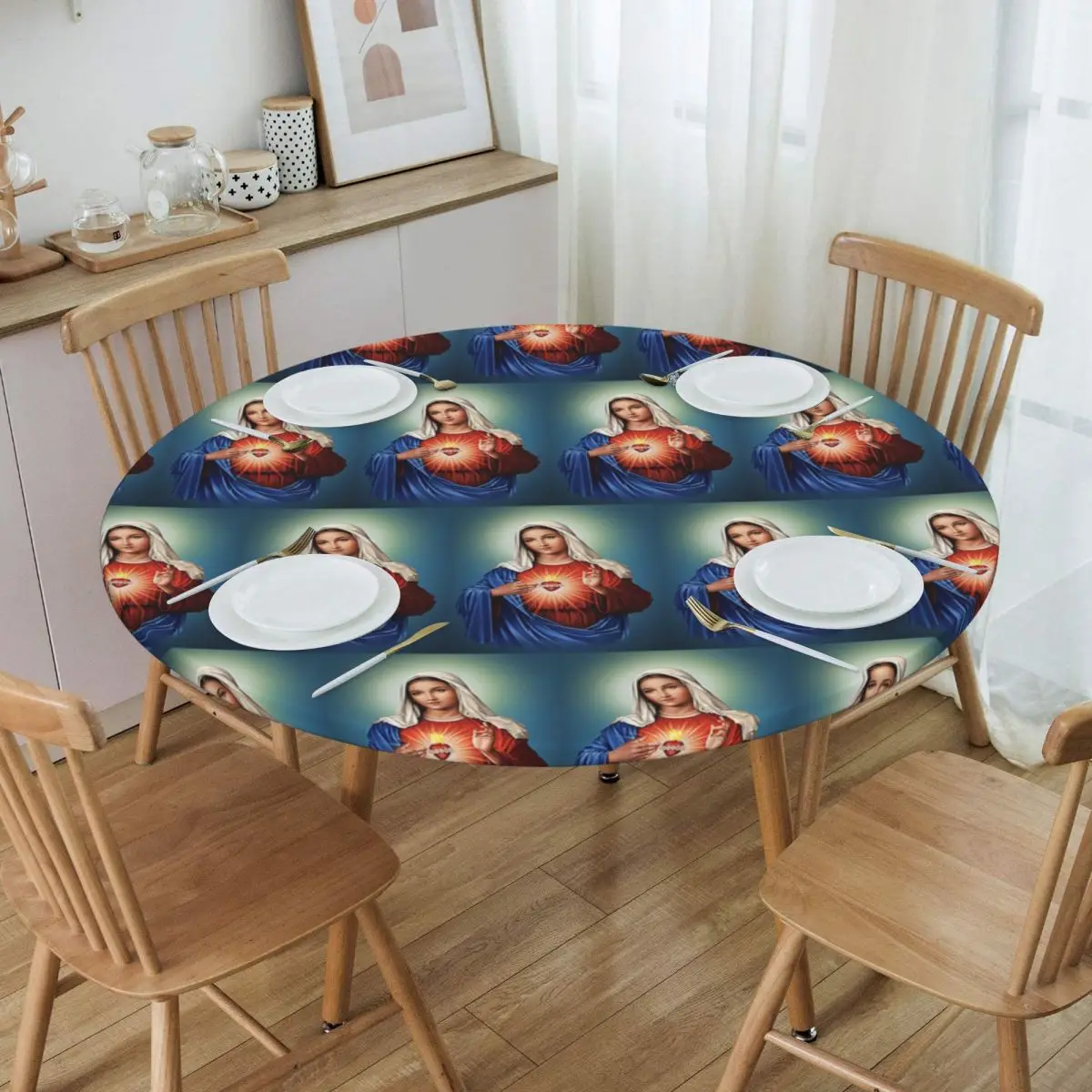 Immaculate Heart Of Mary Virgin Mary Waterproof Round Tablecloth Oilproof Table Cloth for Kitchen Events Dining Table Cover