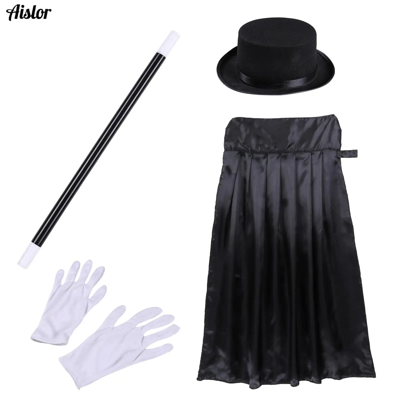 Kids Magician Cosplay Costume 4Pcs Cloak Cape+Hat+Magic Wand+White Gloves Set Magic Show Halloween Theme Party Roleplay Props