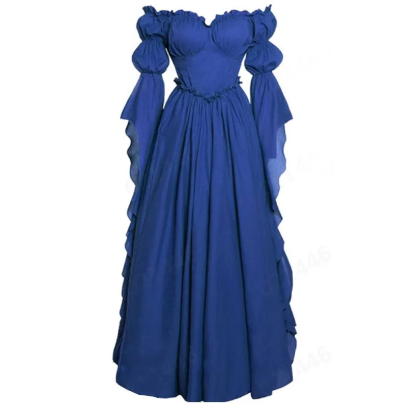 Women's Renaissance Gothic Court Off Shoulder Maxi Dress Vintage Ruffle Hem Medieval Victorian Stage Performance Costume Gown - view 6