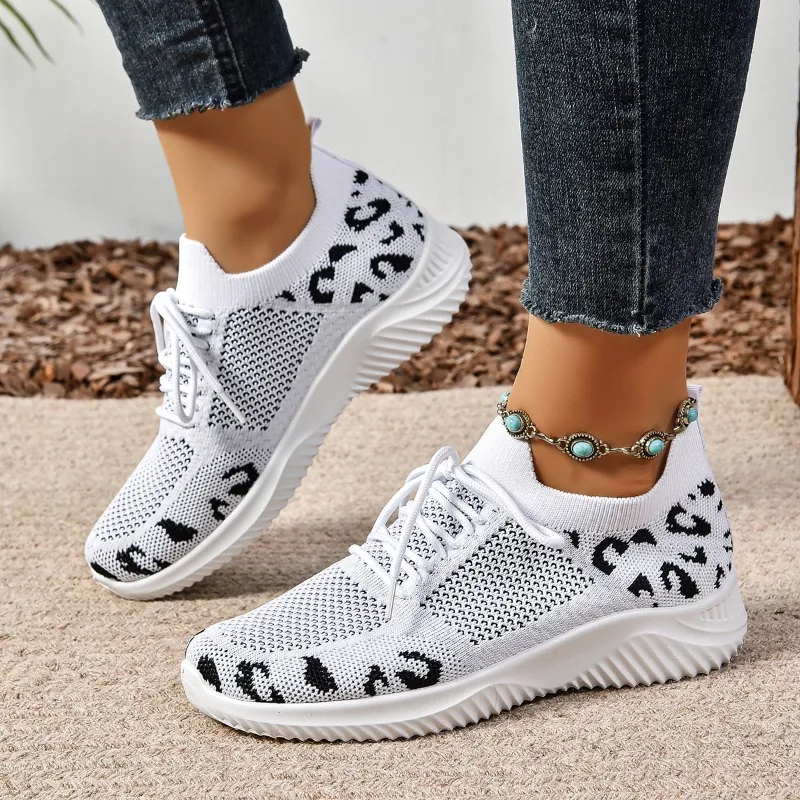 Ladies Shoes 2024 Brand Lace-up Women's Vulcanize Shoes Fashion Leopard Print Ladies Casual Shoes New Round Head Mesh Sneakers