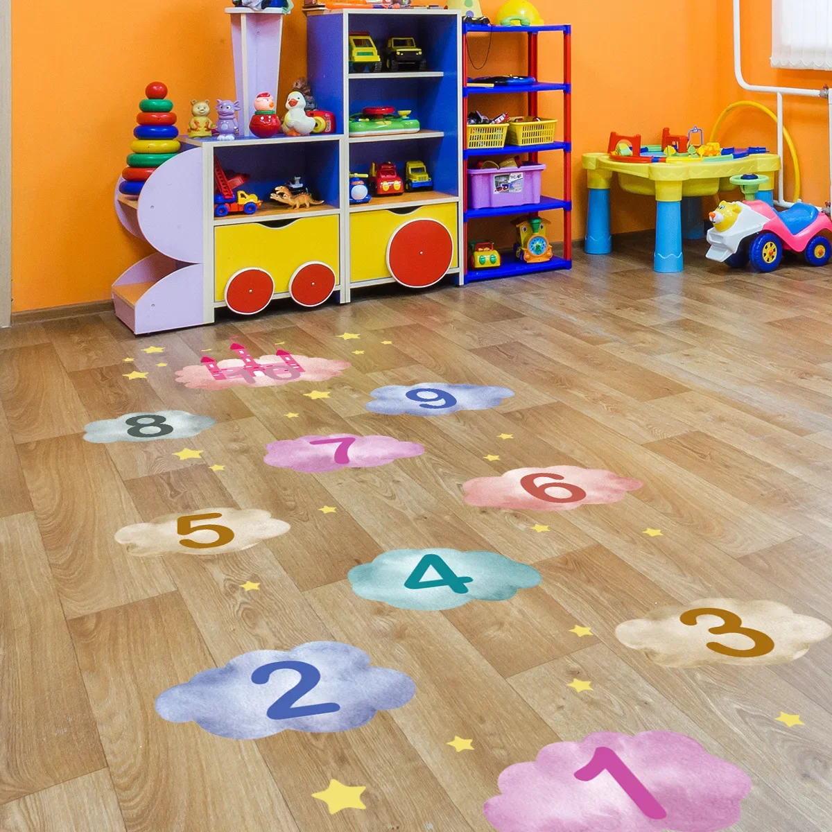 Kids Children Wall Stickers Cartoon Number Hopscotch Jump Plaid Digital Grid Game Floor Stickers Kindergarten Home Decoration