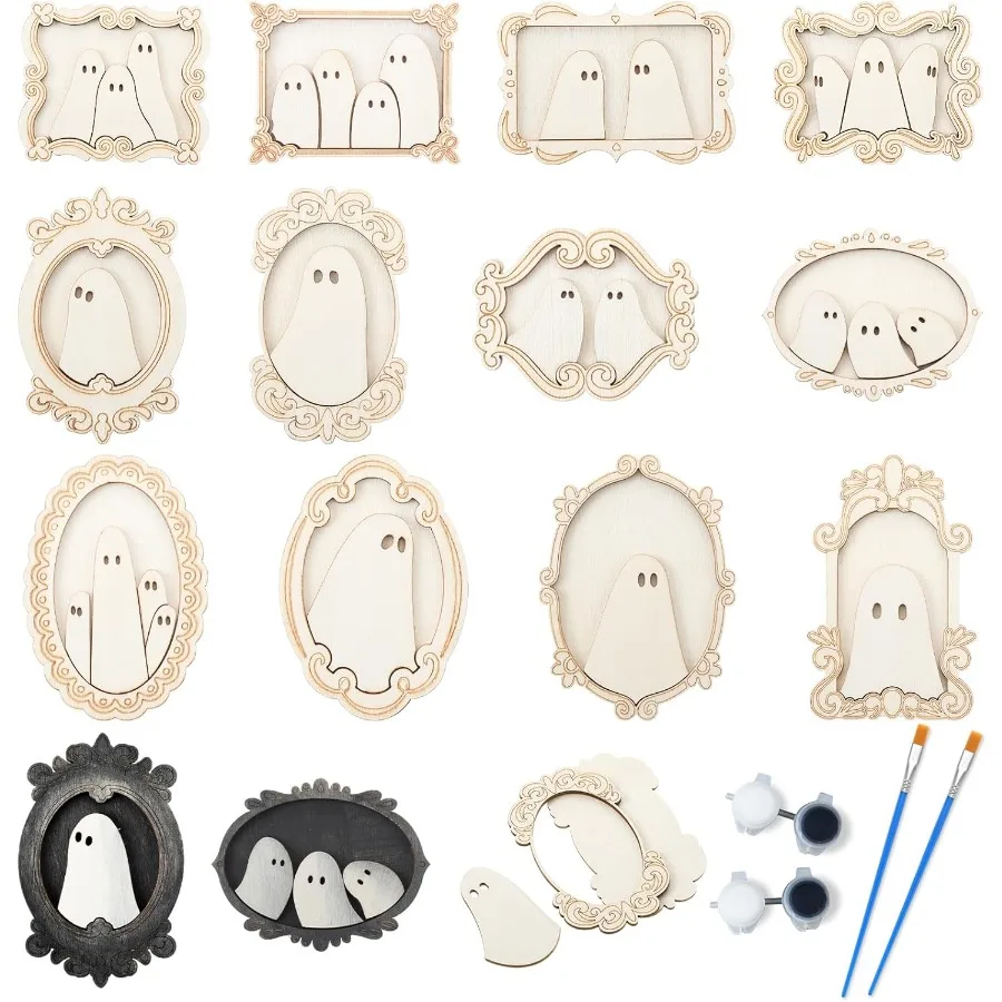 

12 комплектов деревянных рам для призраков «сделай сам», чертежные ремесла с краской и кистью, незаконченные деревянные подарочные украшения, милый призрак для рукоделия на Хэллоуин