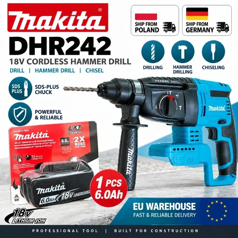 Makita DHR242 18V LXT Bürstenloser Bohrhammer, Akku-SDS-Plus-Bohrhammer für 24mm Beton, 4700 IPM 2.0J 3 Modi, Hochleistungs-Baustellenwerkzeug, Kompatibel mit BL1860B BL1850B BL1815, EU-Schnellversand