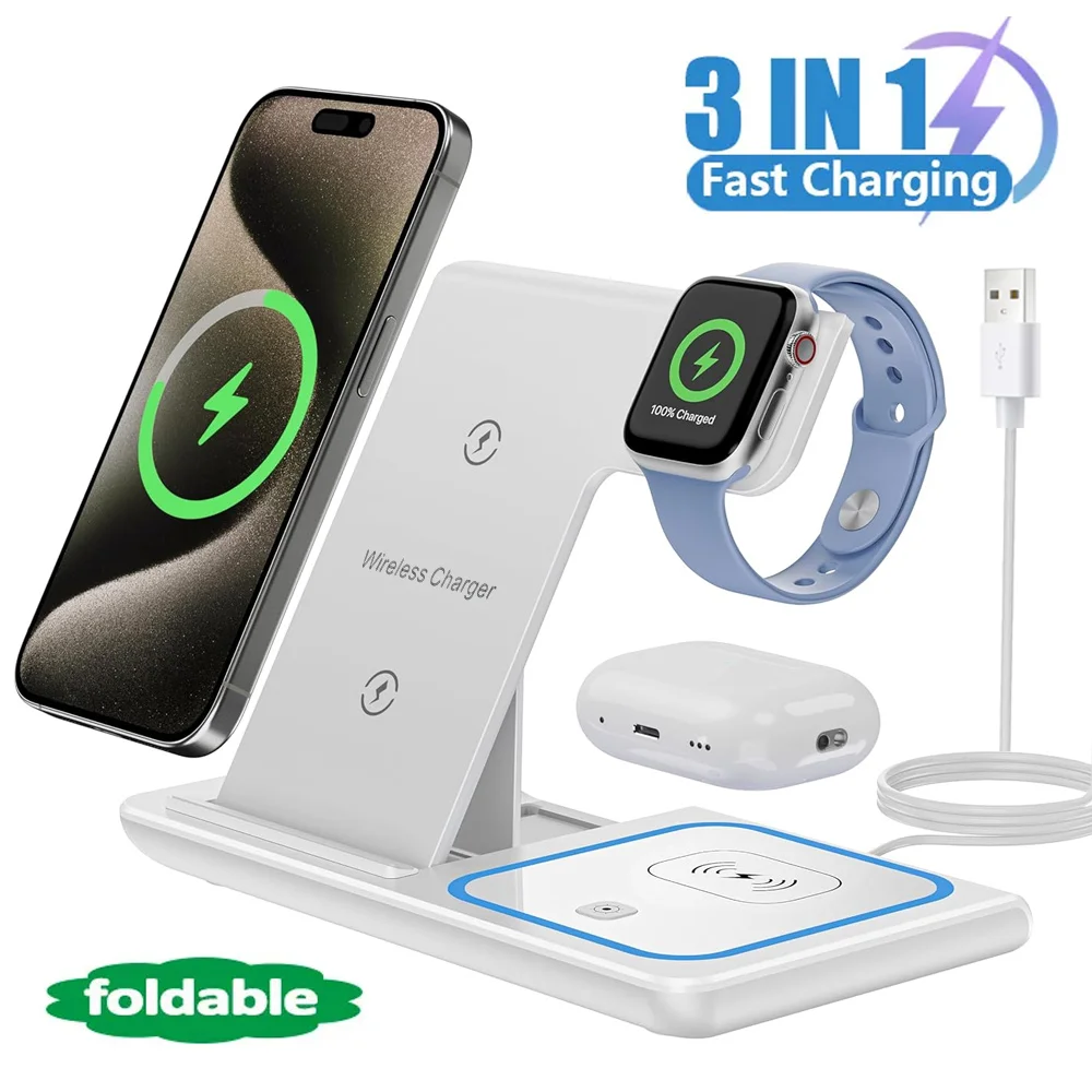 3 In 1 Wireless Charger Stand Pad Foldable Fast Charging Dock Station For iPhone 16 15 14 13 12 Pro Max Apple Watch 8 7 Airpods