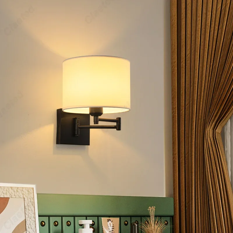 Creative New LED Swing Arm Wall Lamp Fabric Lampshade Hotel Study Bedroom Bedside Atmosphere Lighting Lamps