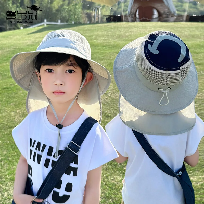 Fashion Summer Hat for Kids Beanies Breathable Outdoor Sunscreen Sunhat Neck Protection Scarf Boy Girl Bucket Hat