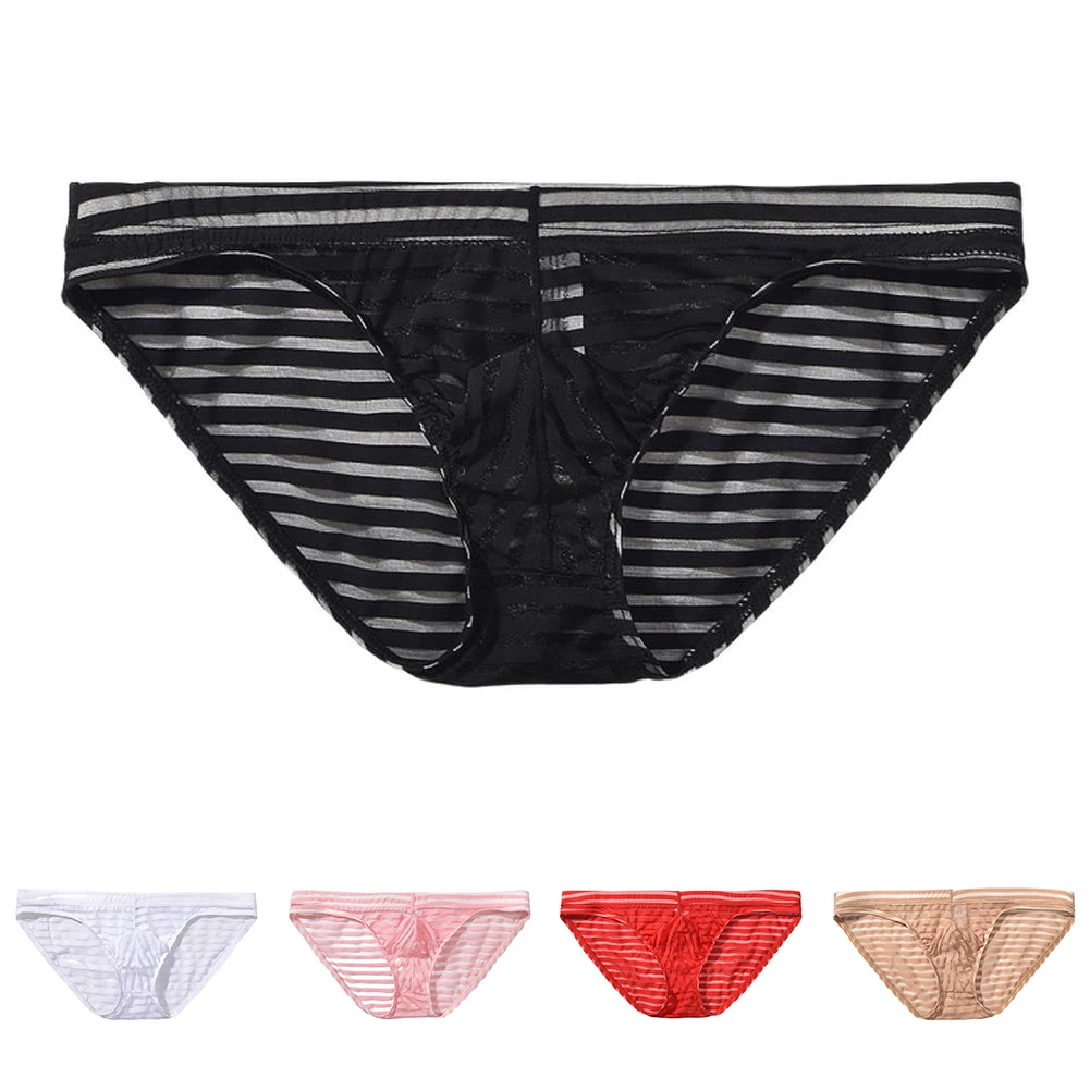 

Breathable Men's Ice Silk Mesh Underwear Briefs with Stripes Design and Pouch for Enhanced Fit and Ventilation