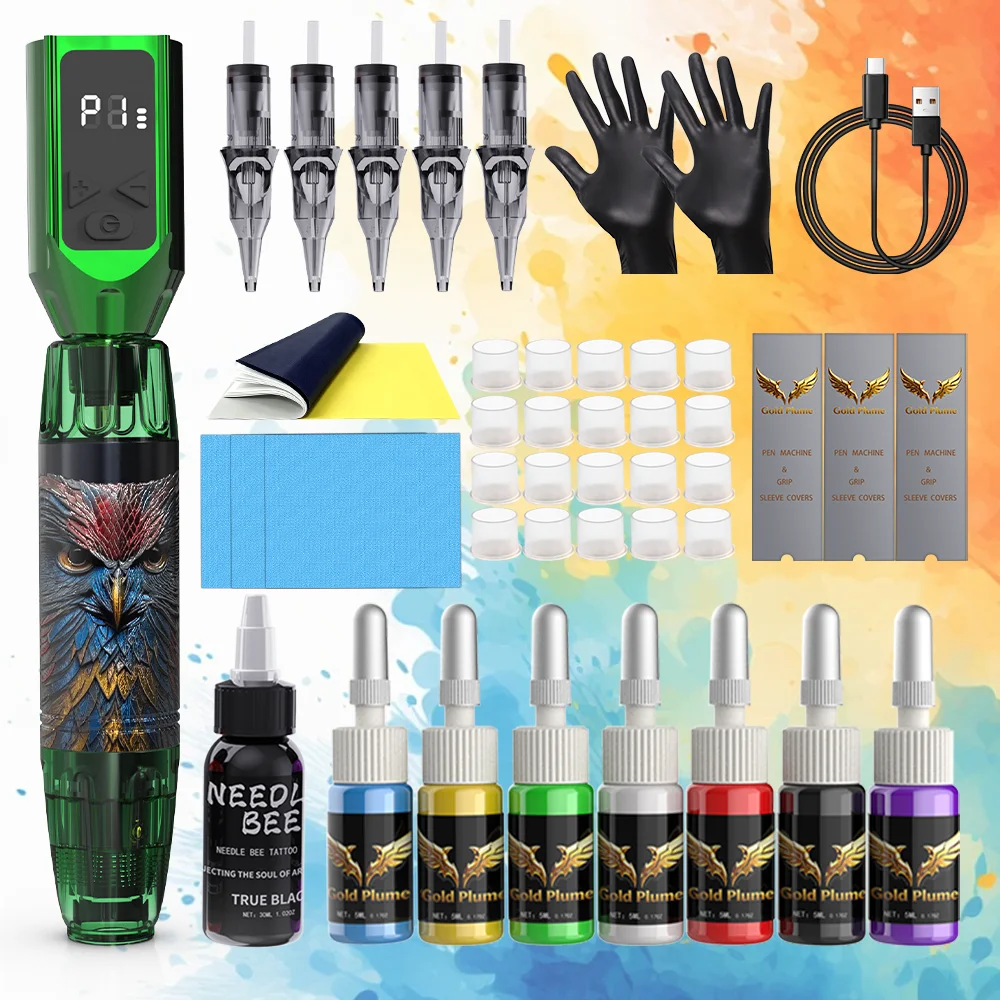 Green Owl Pattern Cordless Rotary Tattoo Pen Kit Digital Display Complete Tattoo Starter Set