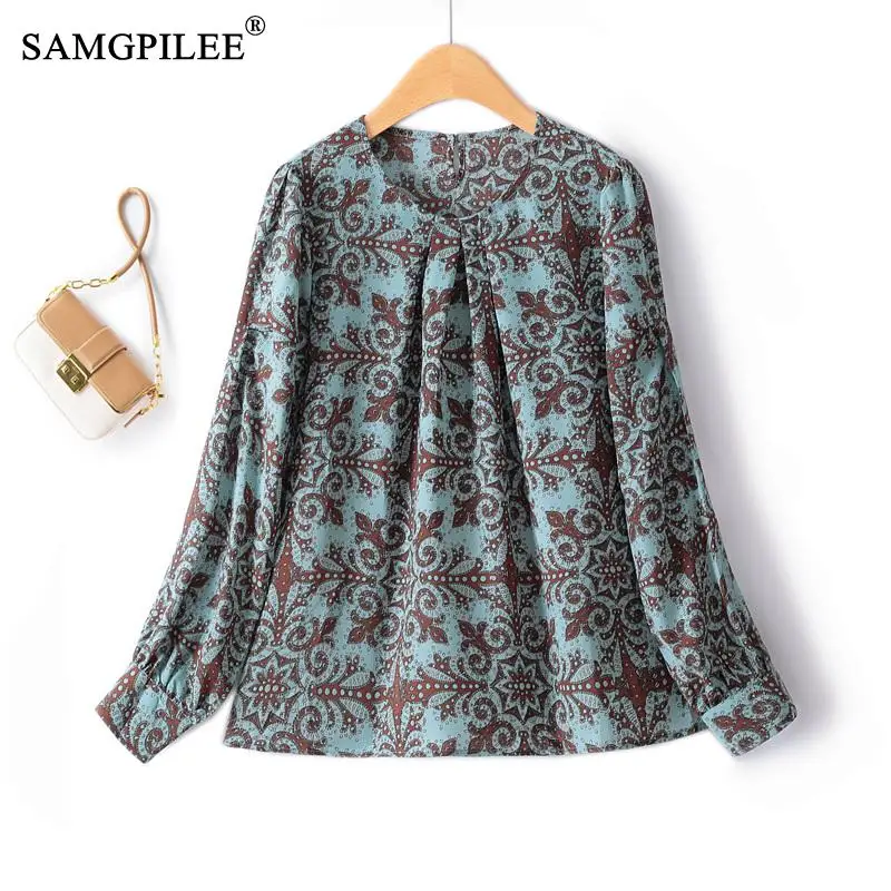 

Fashion Woman Blouse 2023 Autumn New Vintage Paisley O Neck Pleated Chiffon Long Sleeve Loose Y2k Top Women Oversized T-shirts