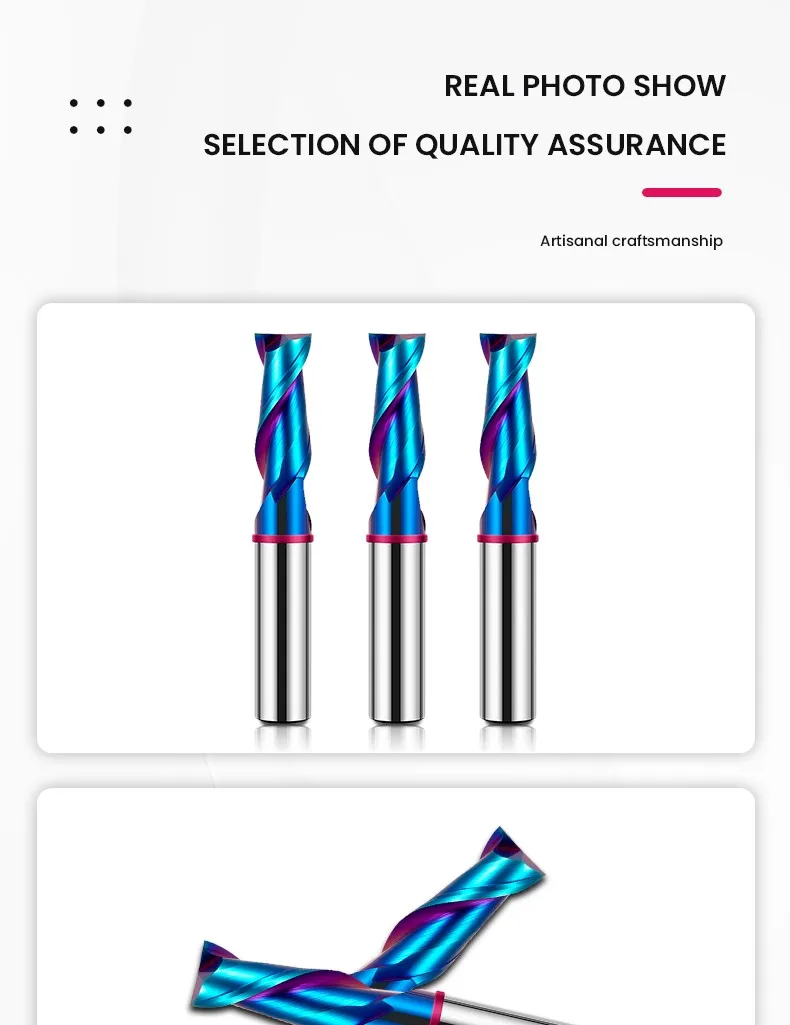 AZZKOR TGP-HRC70 2F Schaftfräser mit blauer Nano-Beschichtung, farbiger Ringmarkierung, aus Wolframstahl-Hartmetall, mit flachem Boden, für CNC-Maschinen. – Detail 17